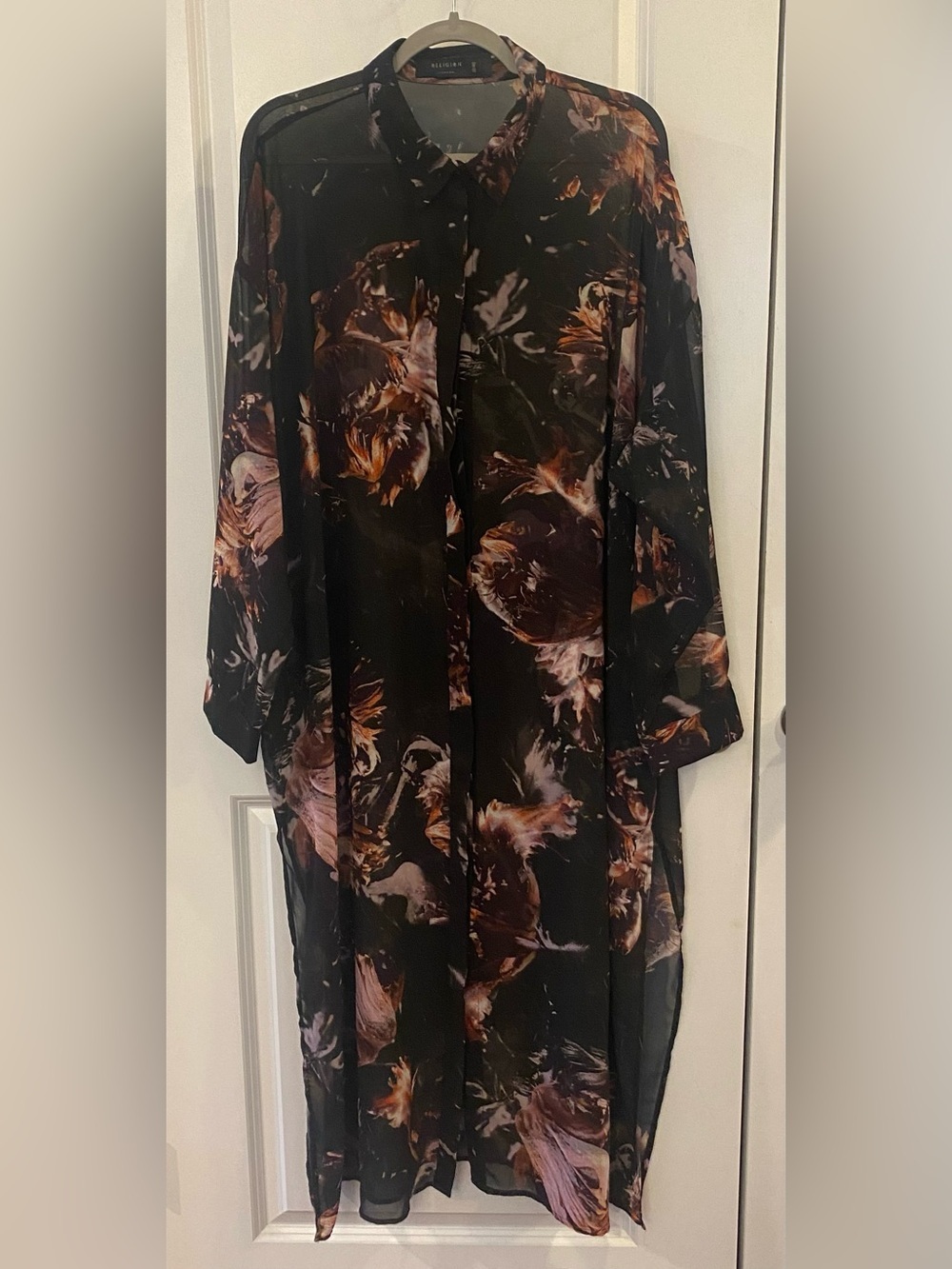 Religion London Maxi Dress Kimono Sz 18/46 Black Sheer Floral Print Long Sleeve